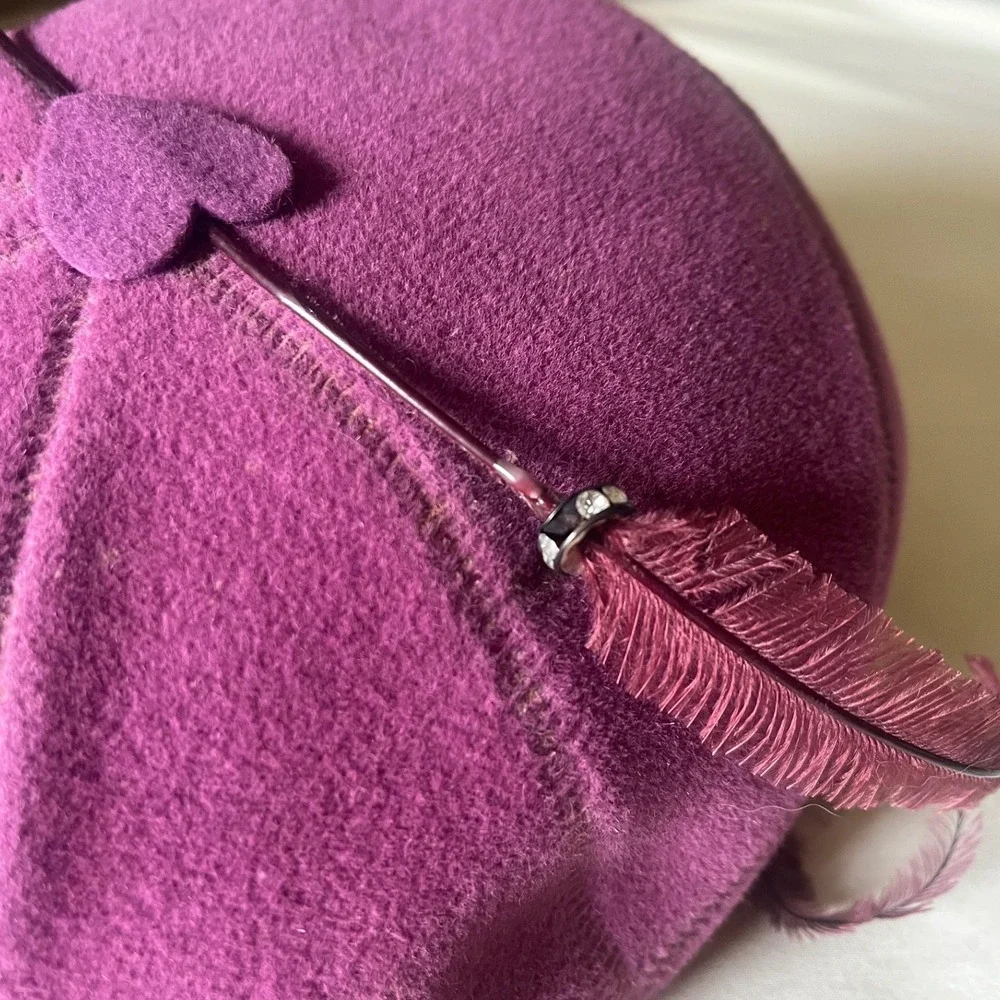 Vintage 1950s Plum Wool Felt Hat Feather Cocktail Fascinator Beret